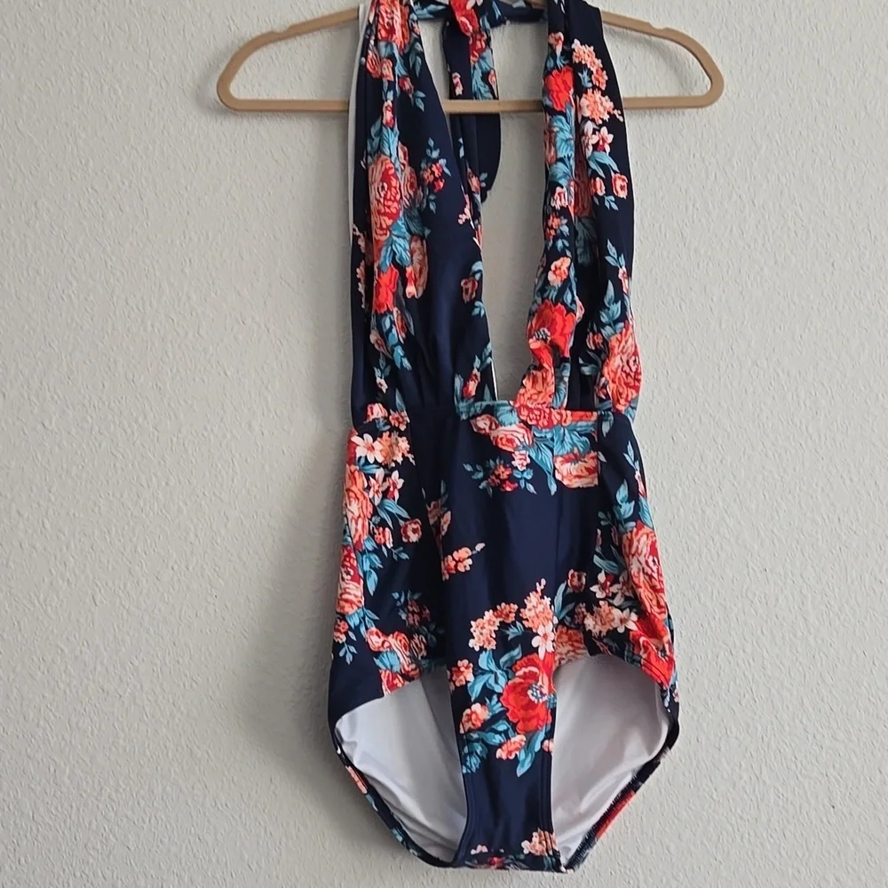 Cocoship Floral Blue One Piece Halter Neck Swimsuit